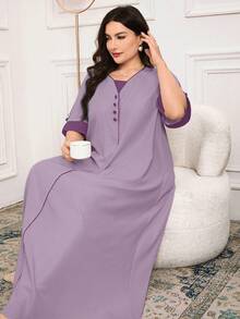 Al Najma Plus Size Women V-Neck Contrast Color Elegant Arabic Style Dress - Purple - View 5