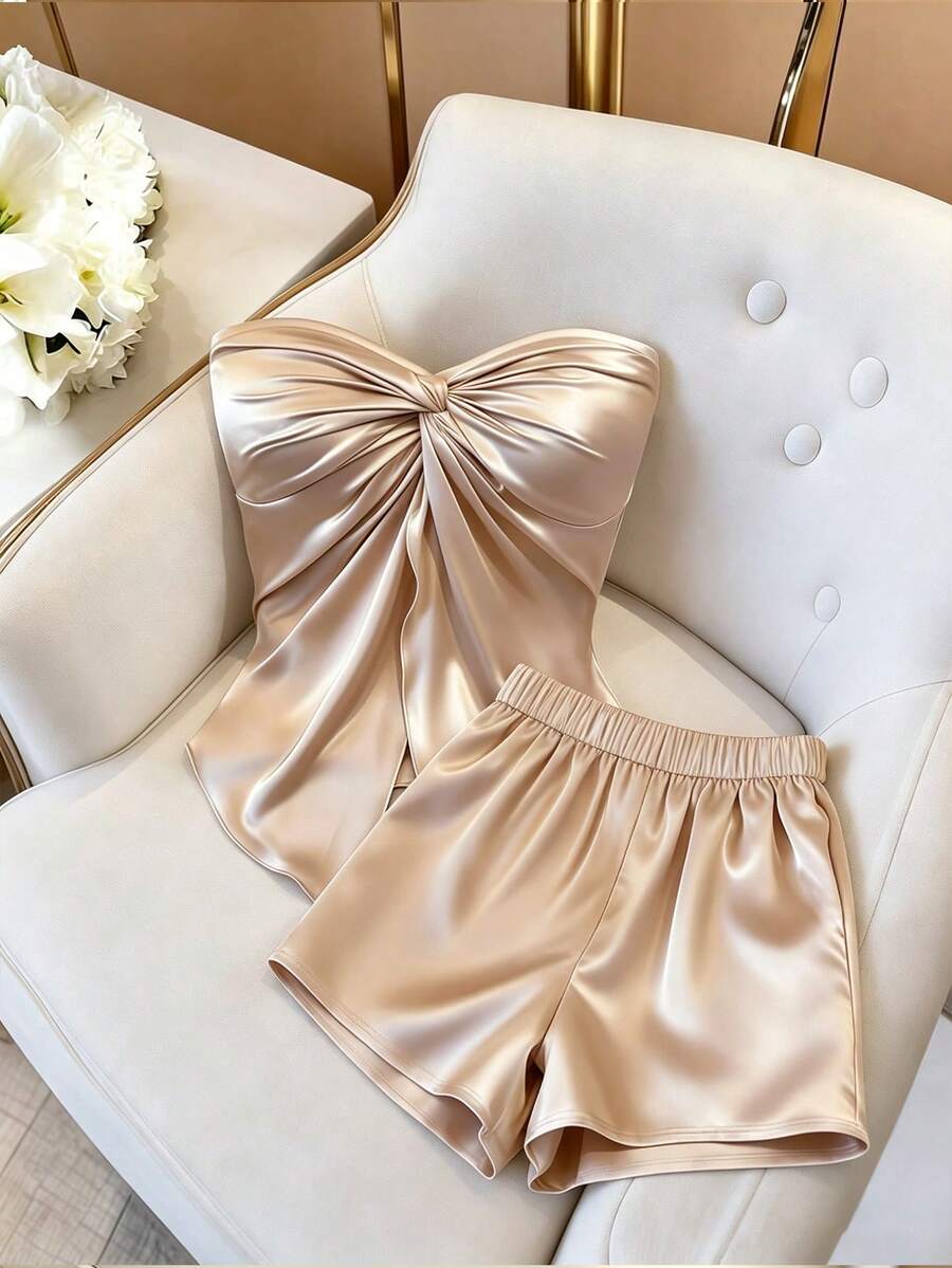 GlowEve Apricot Color Twist Knot Crop Top Shorts 2 Pieces Set, Elegant Sexy Women's Outfit Golf White Summer - Apricot - View 1