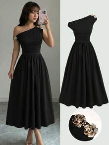 SHEIN Girlism 少女优雅通勤修身无袖不对称领口金属扣装饰褶皱中长黑色连衣裙 - 黑色 - 查看 4