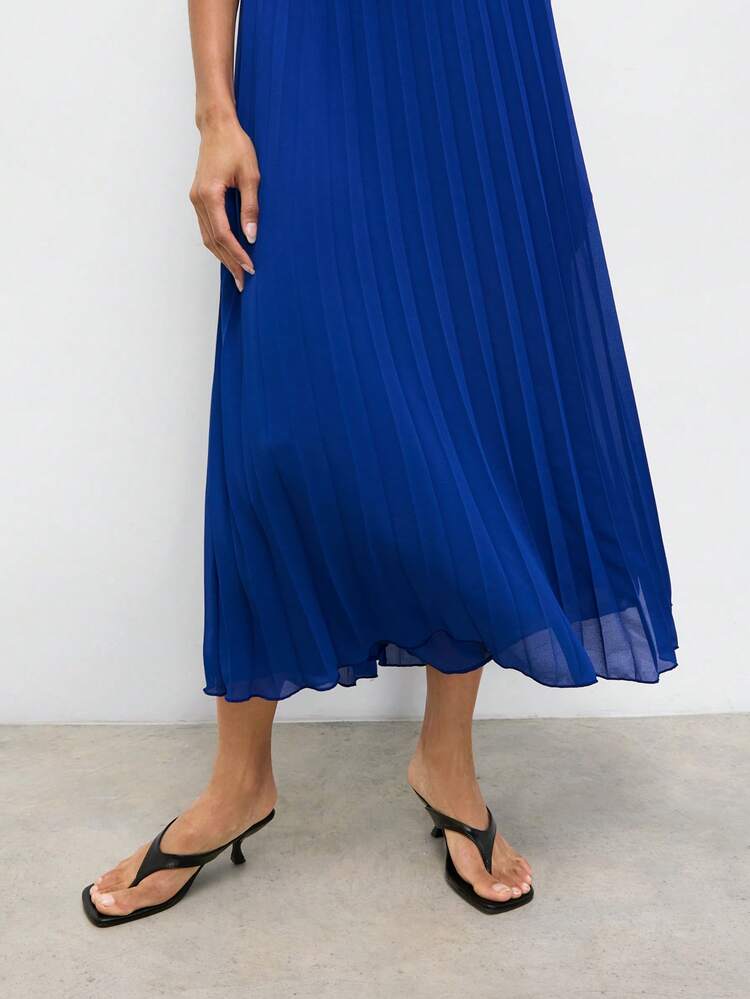 SHEIN Maija Women's Royal Blue Summer Long Dress,Effortless Chic Sleeveless Pleated Wide Hem,Loose Backless Tie Strap,Everyday Minimalist Beach Vacation Party