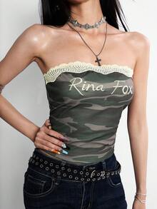 Rina Fox 女士迷彩字母印花蕾丝拼接露脐吊带背心，性感夜店装 - 綠色 - 查看 1