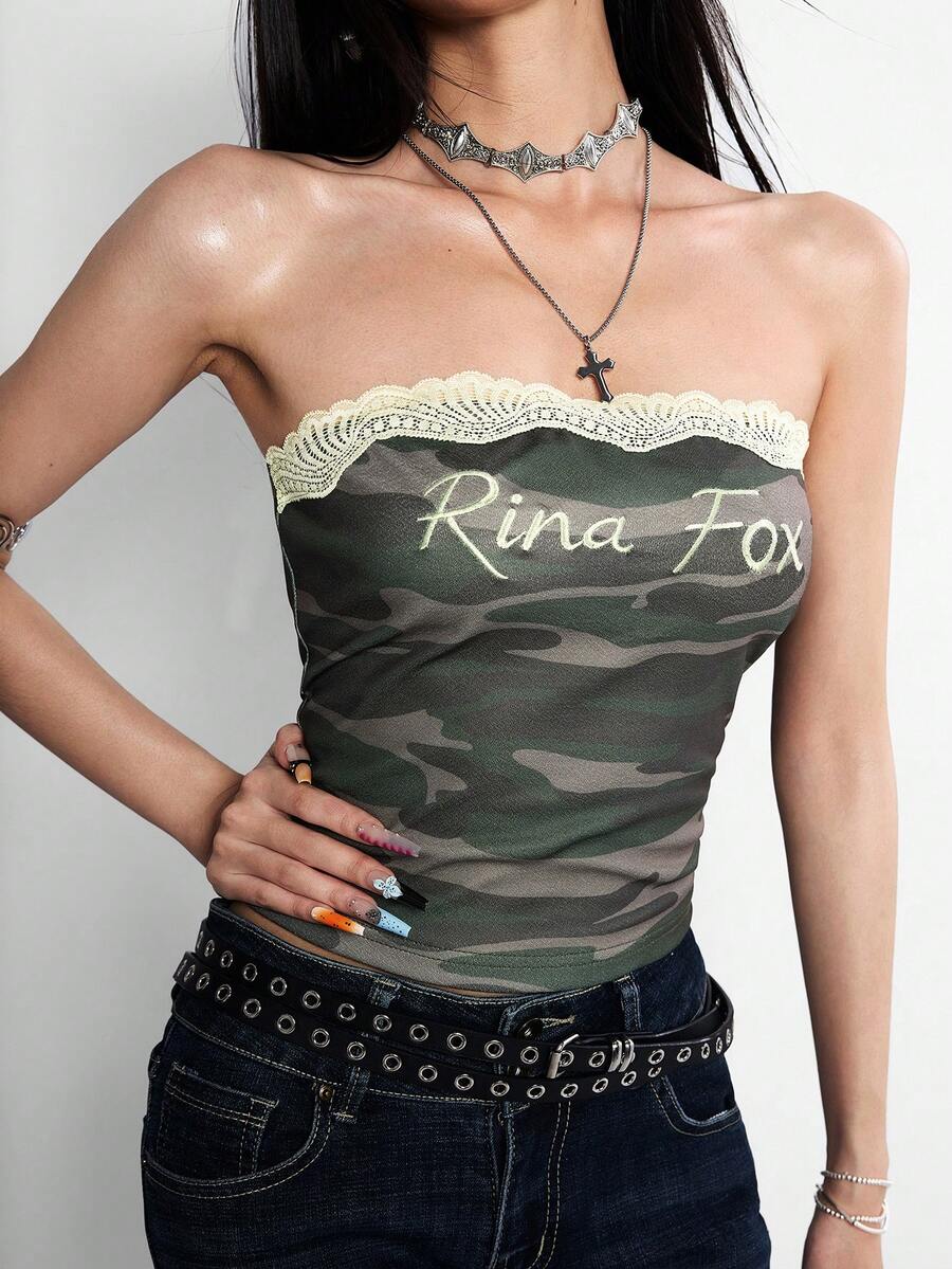 Rina Fox 女士迷彩字母印花蕾丝拼接露脐吊带背心,性感夜店装 - 綠色 - 查看 1