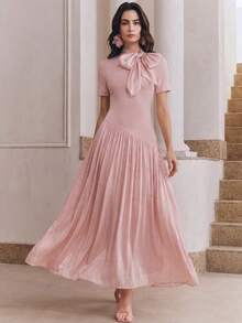 Anewsta Đầm ngắn tay màu hồng thanh lịch dành cho nữ, chất liệu dệt ghép, kiểu nơ thắt cổ. - Hồng - Xem 7