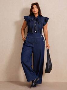 Elaquor Áo sơ mi denim mùa hè thanh lịch dành cho nữ cỡ lớn, kiểu dáng xếp nếp, tay áo bèo nhún, cổ buộc dây, eo thon. - Màu be - Xem 7
