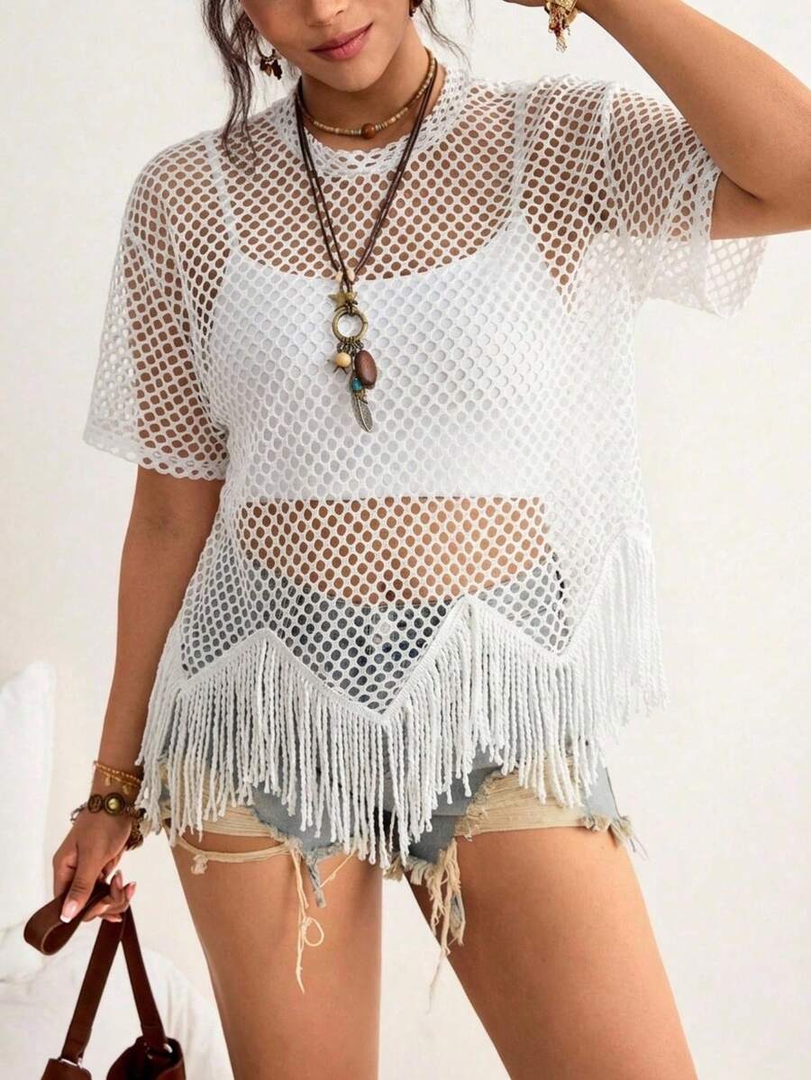 Freevana 大码女式圆领短袖纯色透视网纱流苏波西米亚风音乐节优雅休闲外套衬衫T恤,春夏款 - 白色 - 查看 1