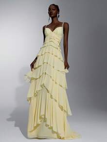 Elitara Elegant, Minimalist, Fashionable Ombre Lace Patchwork Chiffon Spaghetti Strap Multi-Tiered Maxi Formal Evening Gown For Women - Pale Yellow - View 5