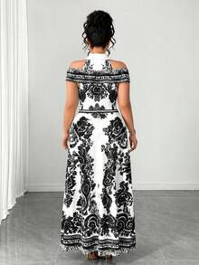Elenzga Damen Große Größen Frühling/Sommer Klassisch Blau & Weiß Platzierter Muster Hemdkleid, V-Ausschnitt, Off-shoulder, Tailliert Taillenform, Modisch & Elegant für Date, Einkaufen, Pendeln, Alltag-Outfit - Schwarz und Weiss - Übersicht 2