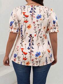 SHEIN Clasi 大尺碼女款夏季娃娃洋裝 T-shirt，短澎袖、繫帶胸前設計、花卉印花 - 彩色 - 查看 2