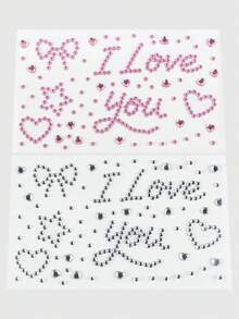 ROMWE Kawaii 2 ملصقات ماسية I LOVE YOU على شكل فيونكات ونجوم حب، ديكور يدوي DIY للحسابات، ماس براق وأحجار كريمة للوجه - الفضة والوردي. - مشاهدة 2