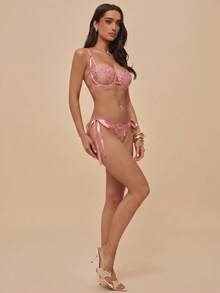 Silquee 2pcs Sky Blue Embroidered Lace-Up Lingerie Set For Women - Watermelon Pink - View 10