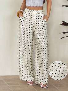 SHEIN PETITE Women's Spring/Summer New Polka Dot Wide Leg Pants With Slant Pockets - Apricot - View 9