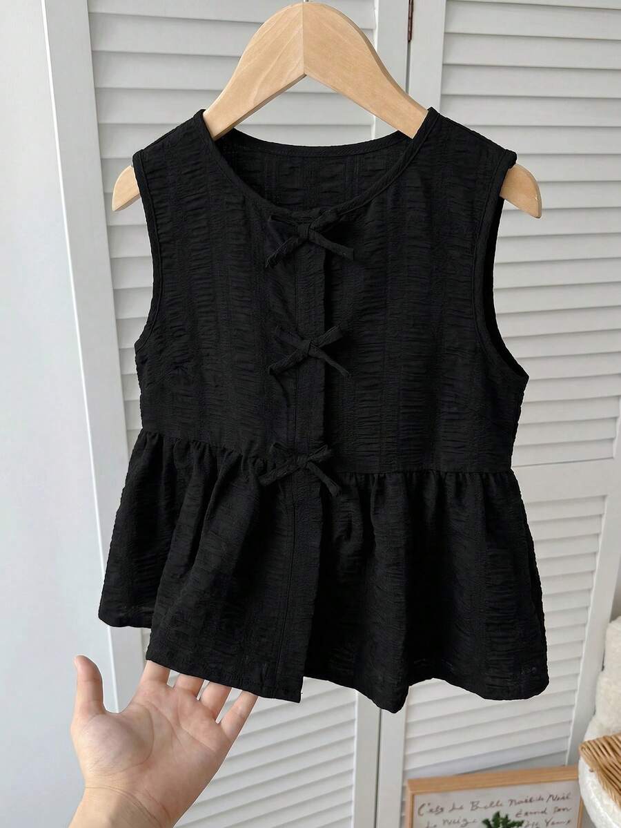 SHEIN 少女纹理蝴蝶结前襟衬衫,休闲日常度假装 - 黑色 - 查看 1