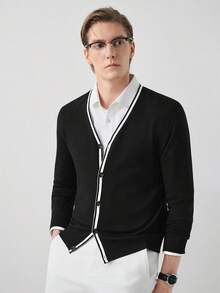 Manfinity CityGents Áo cardigan nam cổ chữ V, họa tiết sọc tương phản, cài nút phía trước, tay dài - Nhiều màu - Xem 2