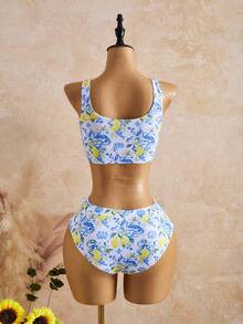 Swim Vcay 26SS 女款春夏海灘度假 BOHO 波希米亞風檸檬印花細緻紋理面料吊帶比基尼上衣 & 舒適高腰三角泳褲，適合外出、海灘、下午茶、野餐、派對、日常穿著、休閒 - 彩色 - 查看 2