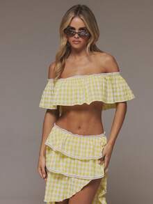 MUSERA Áo croptop trễ vai bèo nhún họa tiết kẻ caro, thích hợp cho mùa xuân hè, dễ thương, nữ tính, thanh lịch, dự tiệc tối, hẹn hò, lễ hội, kỳ nghỉ, câu lạc bộ Ibiza. - Màu vàng - Xem 1