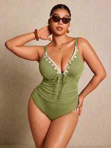 Elaquor Plus Size One-Piece Swimsuit With Shell & Starfish Pendant - Army Green - View 3