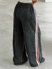 Muchica Women's Drawstring Waist Side Striped Wide Leg Loose Casual Pants - Dark Grey - View 2