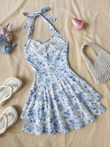 SHEIN 少女夏季海滩度假印花褶皱腰部露背系带连衣裙 - 藍色 - 查看 2