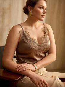 MOTF PREMIUM PLUS SIZE WOMEN'S SPRING/SUMMER SATIN CONTRAST LACE EMBROIDERED CAMISOLE TOP - Brown - View 4