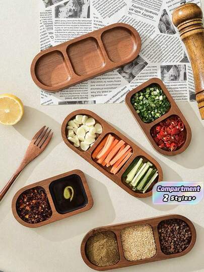 1 bát chấm gỗ, đĩa đựng gia vị ba ngăn đôi, đĩa đựng nước sốt BBQ, đĩa đựng đồ ăn nhẹ có khe chia, thích hợp cho nhà hàng BBQ, nhà bếp, quà tặng Giáng sinh
