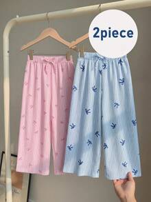 SHEIN 2件組少女編織條紋蝴蝶結圖案寬鬆休閒長褲套裝 - 彩色 - 查看 2