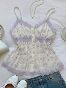 Comfortcana 大码纯色蕾丝荷叶边下摆休闲吊带背心，夏季女式上衣，可爱碎花吊带背心，复古意式吊带背心，仙气十足 - 紫色 - 查看 6