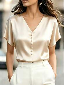 Rafferiza Women's Champagne Satin Pearl Button V-Neck Raglan Sleeve Blouse, Versatile & Fashionable, Suitable For Daily Wear, Spring/Summer - Apricot - View 1