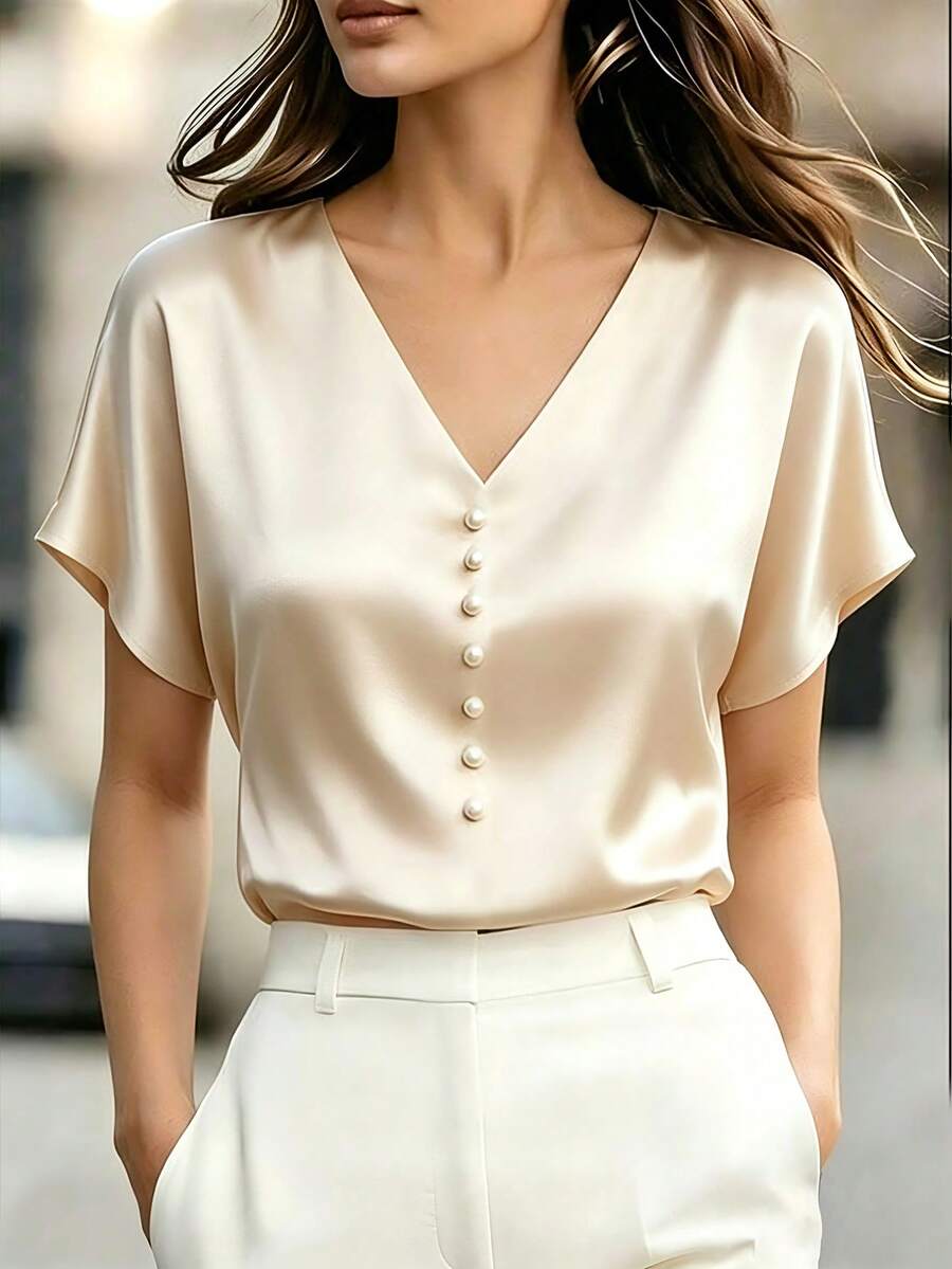 Rafferiza Women's Champagne Satin Pearl Button V-Neck Raglan Sleeve Blouse, Versatile & Fashionable, Suitable For Daily Wear, Spring/Summer - Apricot - View 1