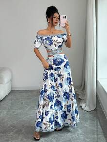 Elenzga 女款優雅波西米亞風花卉印花露肩鏤空洋裝，夏季海灘白色與藍色花卉 - 藍白色 - 查看 5