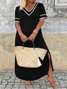 SHEIN CURVE+ Rochie de seară cu mânecă scurtă, casual, alb-negru, mărime plus, potrivită pentru primăvară, vară, toamnă - Alb-negru - Vizualizare 3