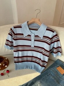 SHEIN EZwear 2件套 女士春夏新款针织条纹Polo领短袖上衣，学院风品牌，多色条纹图案休闲百搭针织衫 - 彩色 - 查看 3