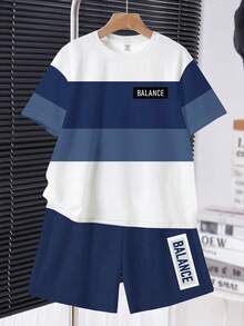 Teen Boy Casual Minimalist Short Sleeve Crew Neck T-Shirt And Shorts Set, Suitable For Summer - Multicolor - View 2