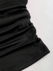Sweetra 女款新款萬聖節服裝、聖誕套裝、感恩節套裝、新年洋裝、聖誕毛衣，適合派對、通勤、日常、旅行、夏季，紅色襯衫、優雅襯衫、休閒套裝，酒紅色蕾絲滾邊蝴蝶結腰部褶皺修身甜美可愛彈性掛脖綁背吊帶上衣 - 黑色 - 查看 6