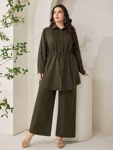 Solavon Plus Size Solid Color Long Sleeve Top And Long Pants 2 Pieces Set Elegant - Army Green - View 6