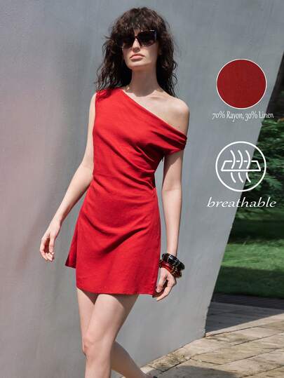 SHEIN Luminelle Đầm ngắn dáng chữ A xếp ly bất đối xứng vai bằng vải lanh màu đỏ mới dành cho nữ mùa xuân/hè.