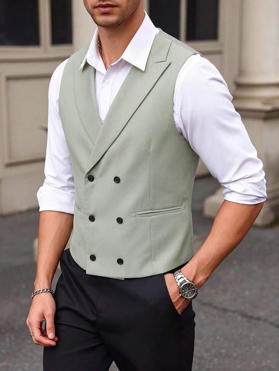 Manfinity Bizformal Men's Summer Business Commute Double-Breasted Lapel Vest - Green - View 1