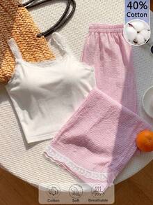 SHEIN Sparklyn 适合少女：夏季清新甜美蕾丝边吊带背心+高腰阔腿裤休闲两件套，清凉时尚，必备的时尚百搭套装。 - 彩色 - 查看 2