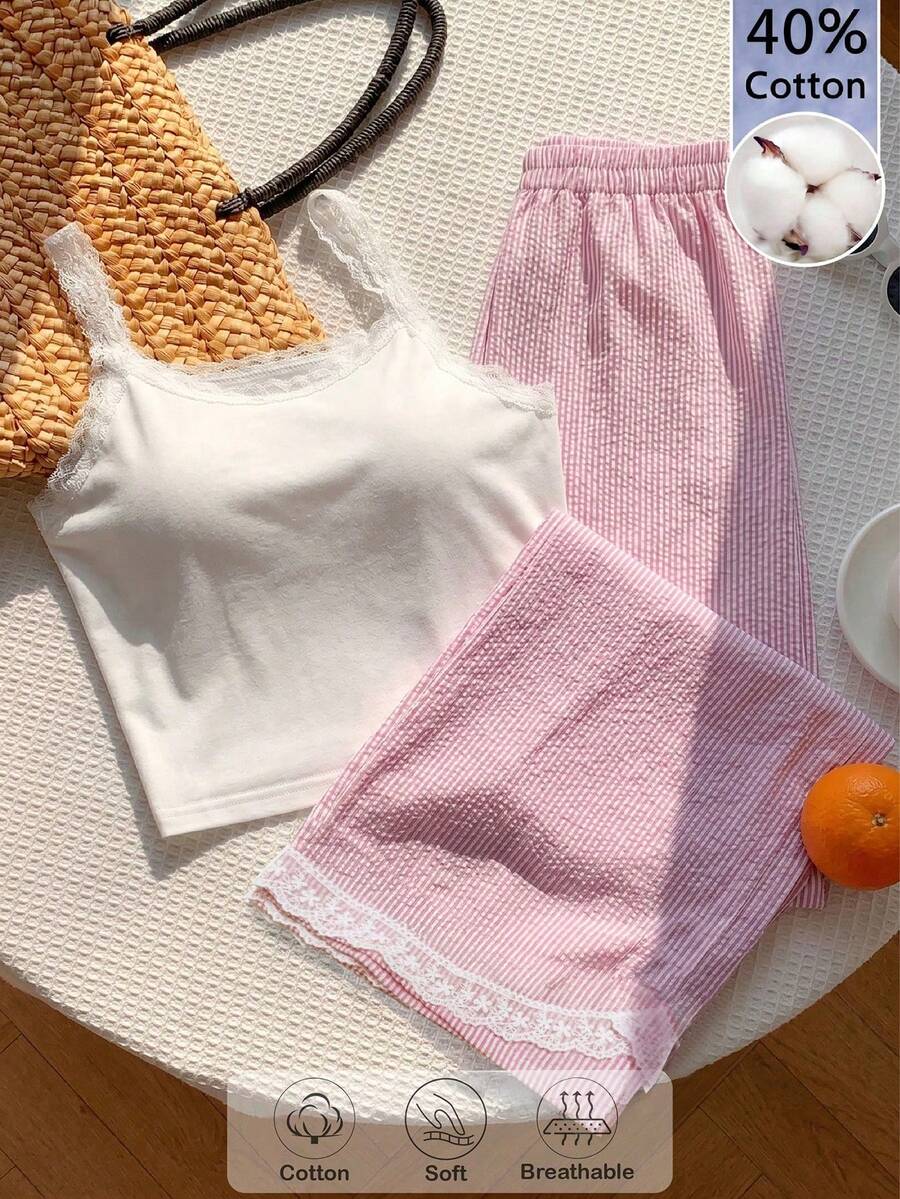 SHEIN Sparklyn 适合少女：夏季清新甜美蕾丝边吊带背心+高腰阔腿裤休闲两件套，清凉时尚，必备的时尚百搭套装。