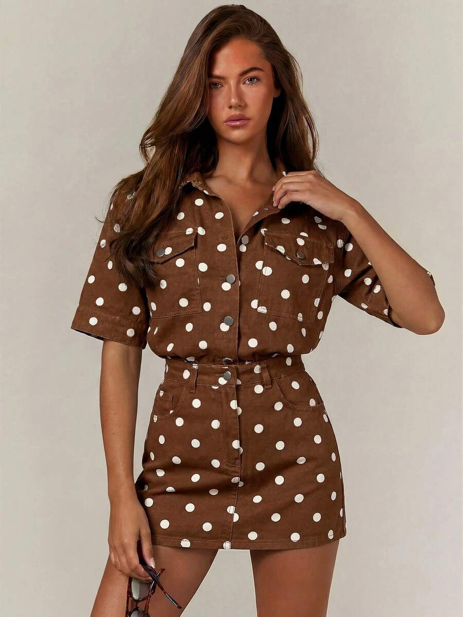 Athîral Denim Women's Casual Brown Polka Dot Print Button Pocket  Mini Denim Dress, Everyday Wear,Summer Streetwear,Going Out Dress,Back To School - Brown - View 1
