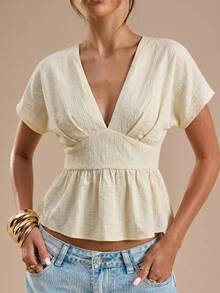 SHEIN BAE Women's Casual Elegant European Sexy Tropical Solid Color Waist Cinched Short Sleeve Top, Summer Vacation Beige - Apricot - View 4