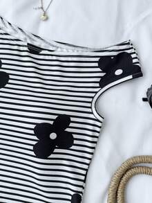 SHEIN 2pcs/Set Girls Striped Floral Print Knit Asymmetric Shoulder Top And Ultra Low Waist Skinny Shorts, Suitable For Summer, Holiday, Party, Beach Casual - Black and White - View 4