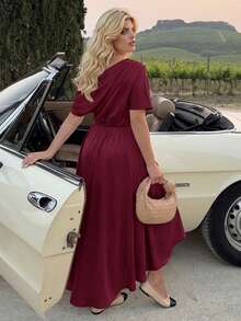Dripcurv Plus Size Solid Color Minimalist Casual Asymmetric Neck Dress Elegant - Burgundy - View 2