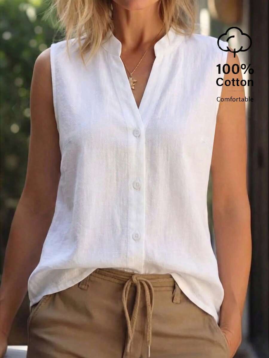 Zayélia Áo không tay nữ mùa hè màu trắng 100% cotton, áo kiểu thường ngày đi du lịch, phù hợp mặc hàng ngày, đi chơi, đi làm, đa năng và thời trang - trắng - Xem 1
