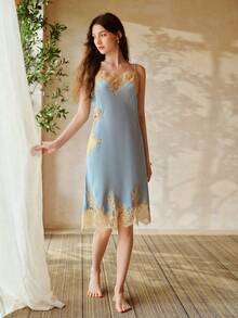MOTF PREMIUM WOMEN'S CONTRAST LACE COLORBLOCK CAMI NIGHTGOWN - Blue - View 7