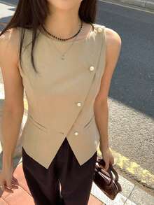 DAZY Women's Sleeveless Solid Color Waist Gathered Oblique Collar Split Pearl Button Elegant Formal Summer Blouse School - Khaki - View 4