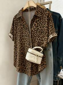 FZPM  Camisa elegante de mujer con estampado de leopardo y bajo asimétrico, para vacaciones y uso diario - Marrón - Ver 4