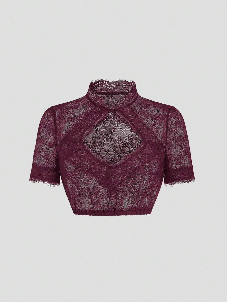 Fairmaia German Traditional Women's Lace Hollow-Out Design Top - Burgundy - View 1