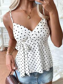 CovetEZ Áo hai dây/áo tank top nữ màu trắng chấm bi thắt nút, kiểu dáng thường ngày, đa năng, thích hợp cho buổi hẹn hò hoặc buổi tối. - trắng - Xem 4