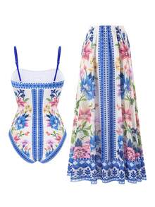 Swim Oasis 女款波希米亞風海灘度假連身泳衣，無肩帶連身泳衣配長裙，顯瘦，春/夏 - 彩色 - 查看 2