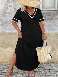 SHEIN CURVE+ Rochie de seară cu mânecă scurtă, casual, alb-negru, mărime plus, potrivită pentru primăvară, vară, toamnă - Alb-negru - Vizualizare 1